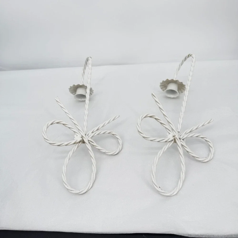 Homco Twisted Rope & Bow Tapler Candle‎ Wall Sconce PAIR White Metal VTG 2 Pc